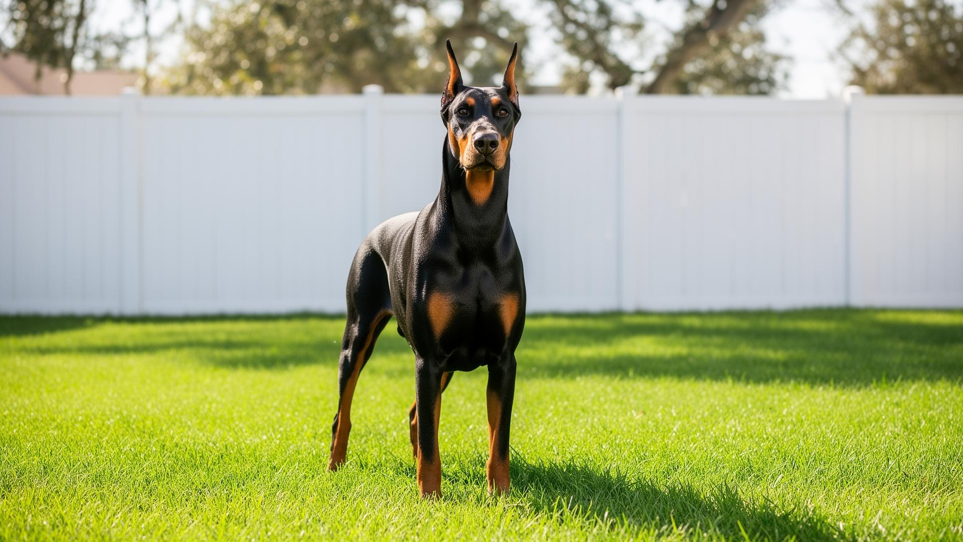 Alert Doberman Pinscher on a clean green Bay Area lawn